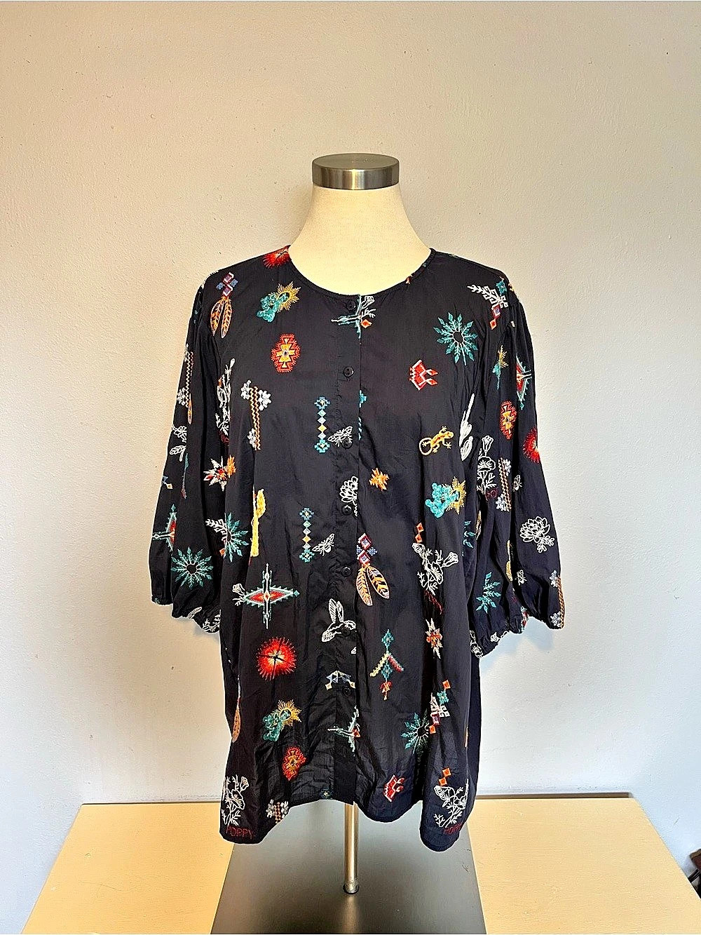 Johnny Was Embroidered Print Blouse in Black XL